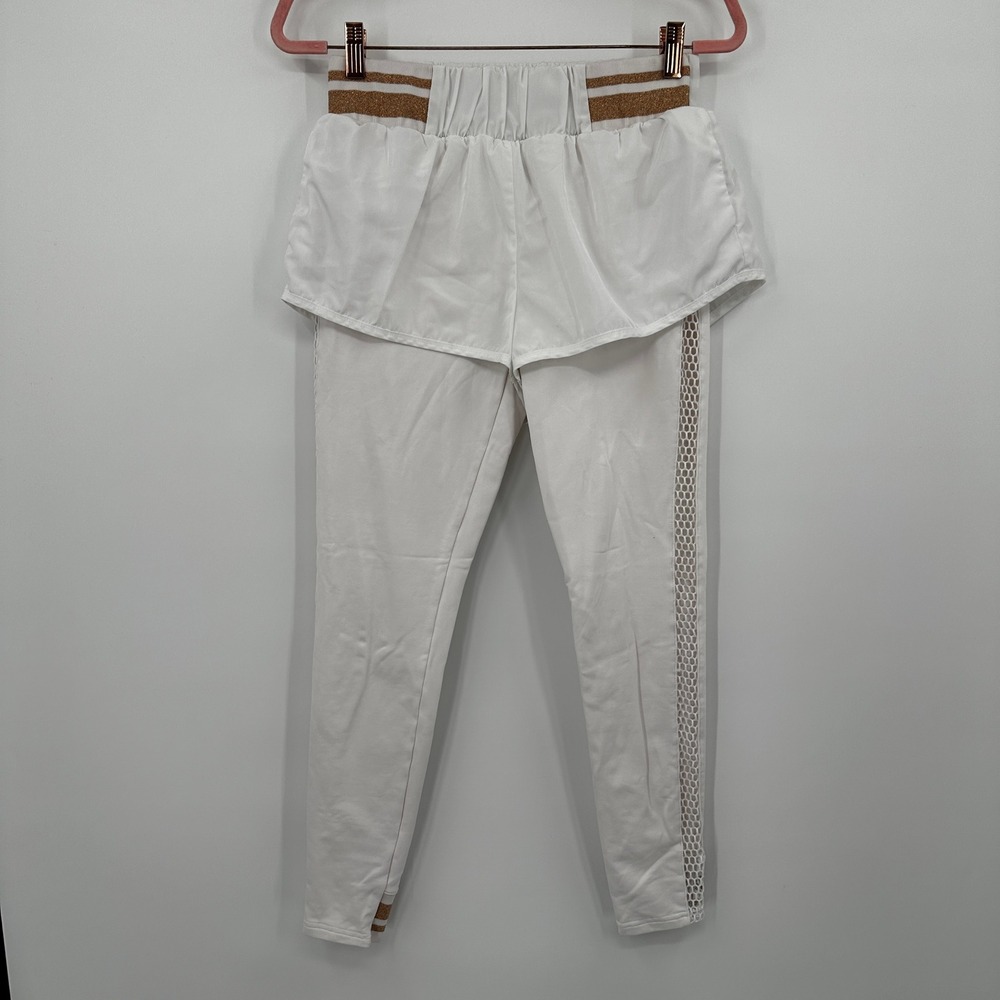 Lime & Vine White Athleisure Leggings with Layered Skirt Gold Stripe Trim Size M